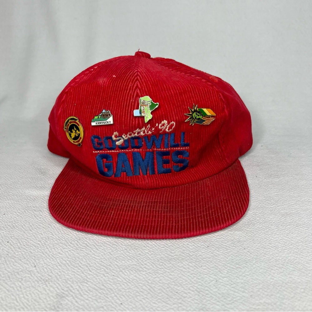 Vintage Corduroy Goodwill Games Hat Cap Seattle 1990 Red Snapback